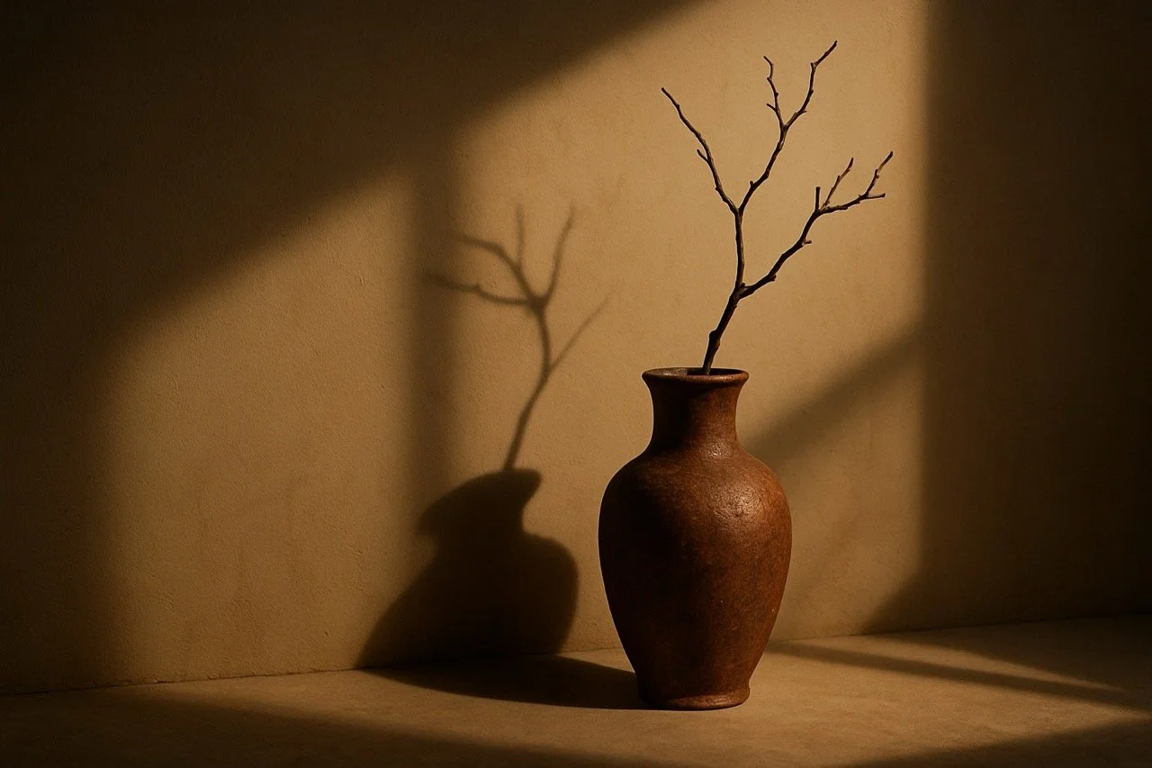 A brown ceramic vase with a narrow opening, holding a few bare, leafless branches. The vase and branches cast a shadow on a beige wall, with soft lighting creating a warm, subdued atmosphere.