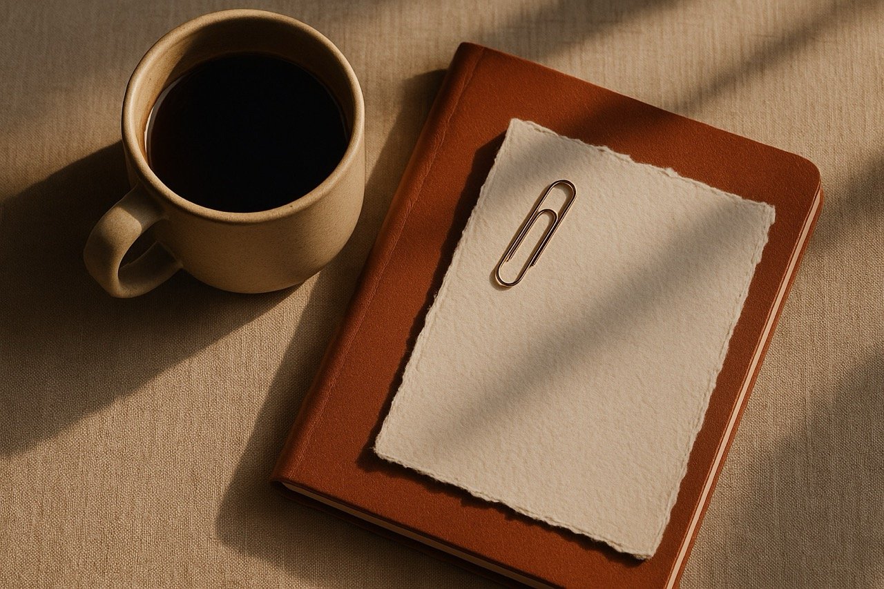 A beige coffee mug filled with black coffee, a brown leather-bound notebook, and a piece of torn textured paper with a silver paperclip on top, all placed on a beige fabric surface.