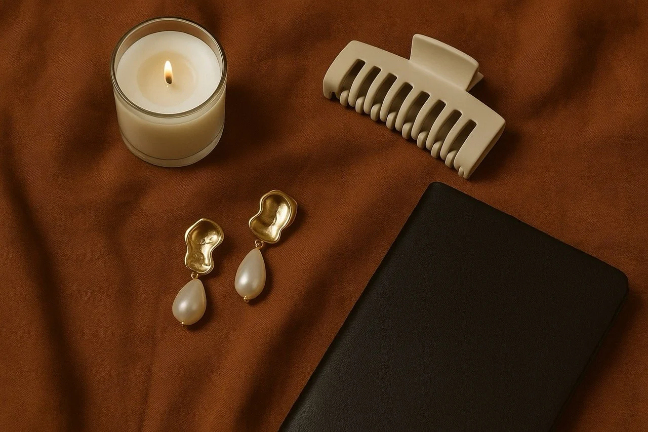 A lit candle in a glass holder, a white hair clip, a black book or notebook, and a pair of pearl earrings with gold accents on a brown fabric surface.