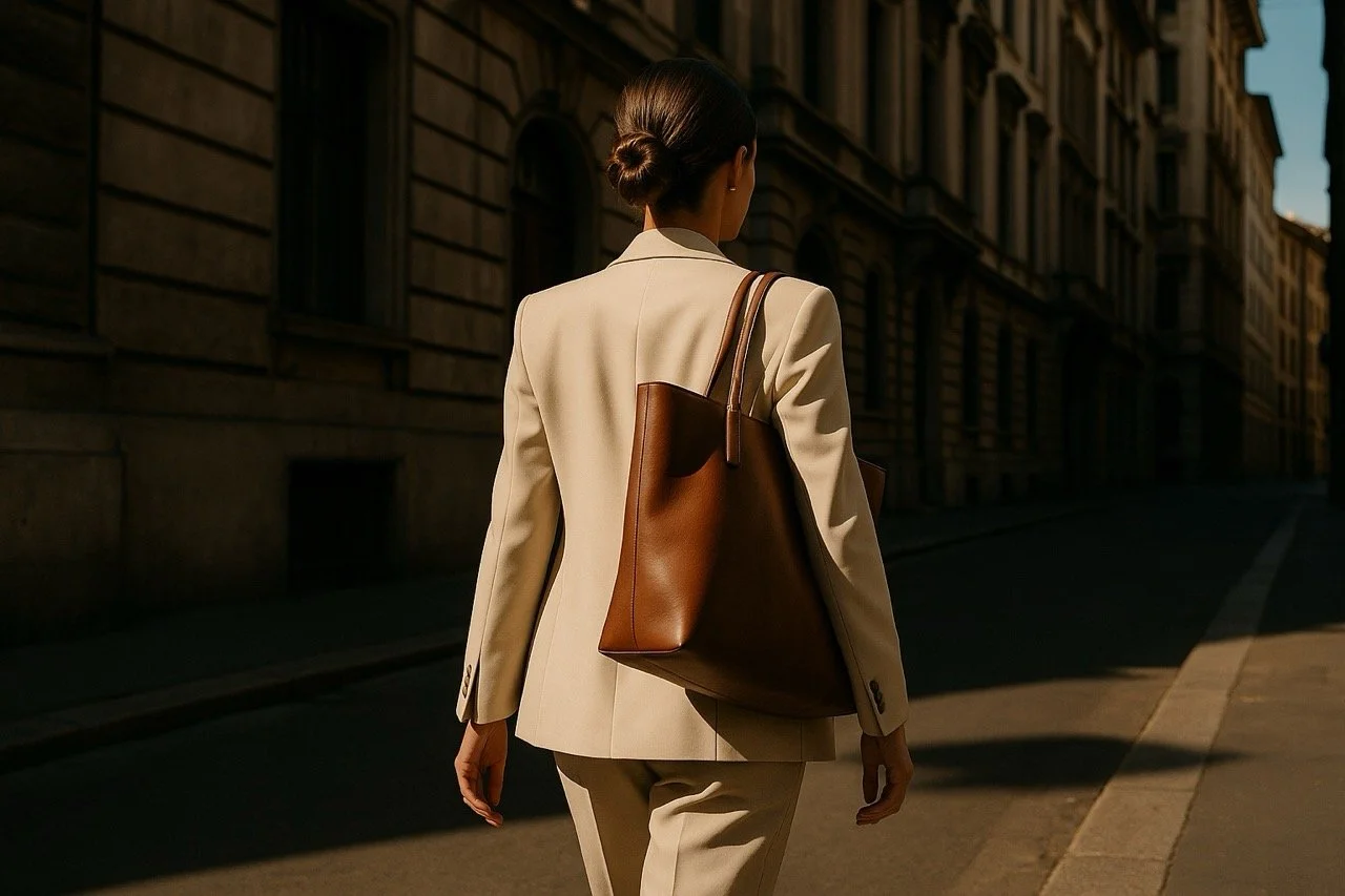 A woman dressed in a beige suit walking down a city street carrying a large brown leather tote bag on her shoulder. She has her hair tied in a bun and is walking away from the camera.