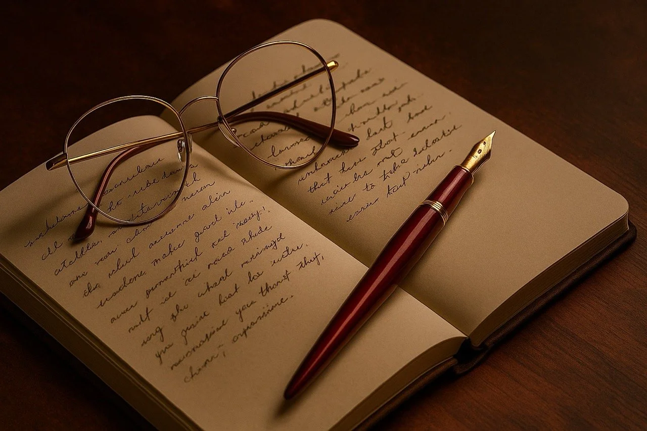 An open notebook with handwritten text, a pair of round glasses, and a fountain pen resting on the page, on a wooden surface.
