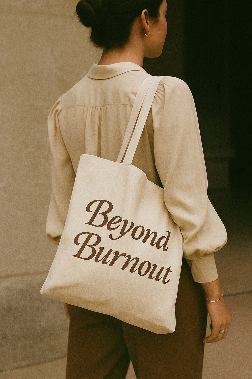 A woman carrying a beige tote bag with the words "Beyond Burnout" written on it in brown cursive font.