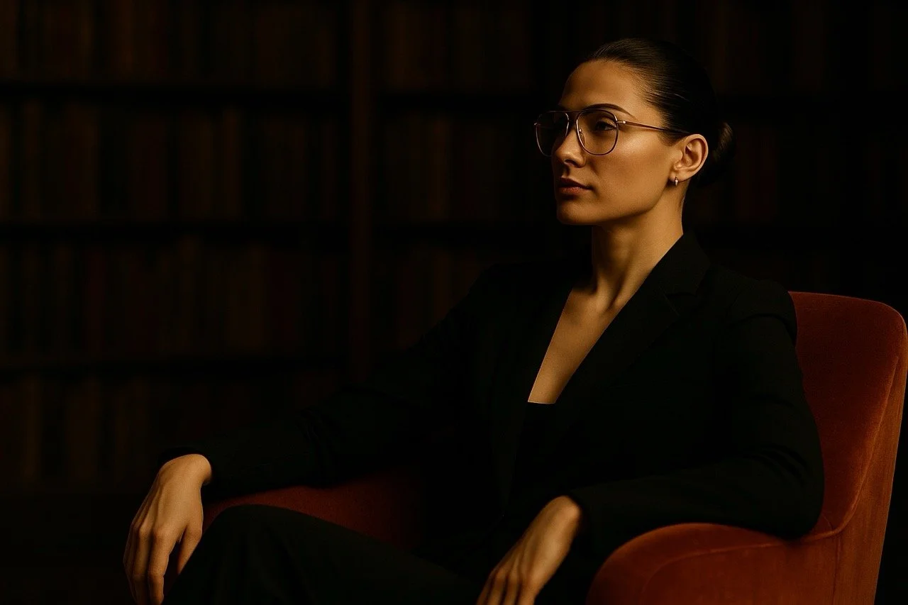 A woman sitting in a dark room with a bookshelf in the background, wearing glasses and a black blazer.