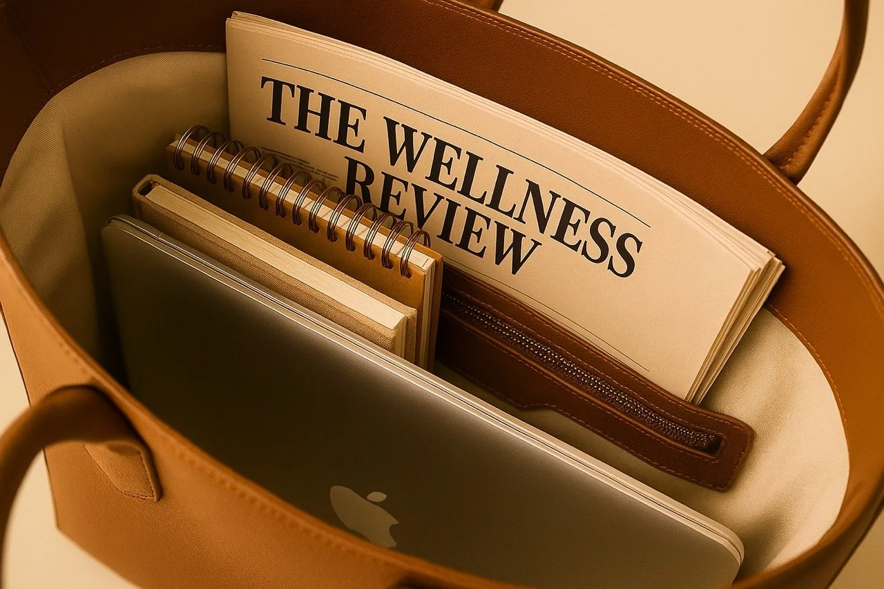 Inside a brown leather tote bag with a notebook, a laptop with an Apple logo, and a newspaper titled 'The Wellness Review' inside.