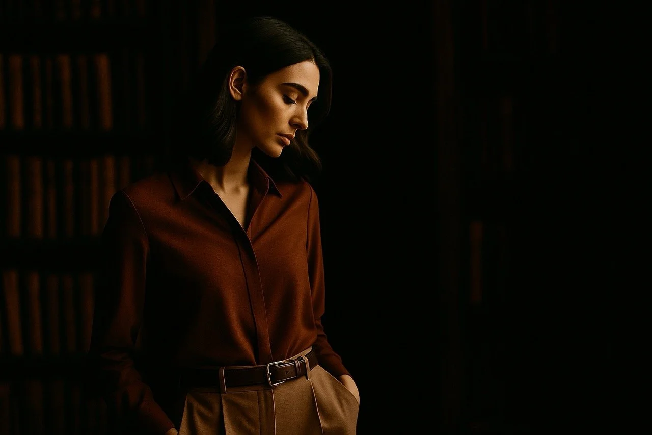 A woman with dark hair, wearing a brown silk blouse and beige trousers, standing with her eyes closed against a dark background.