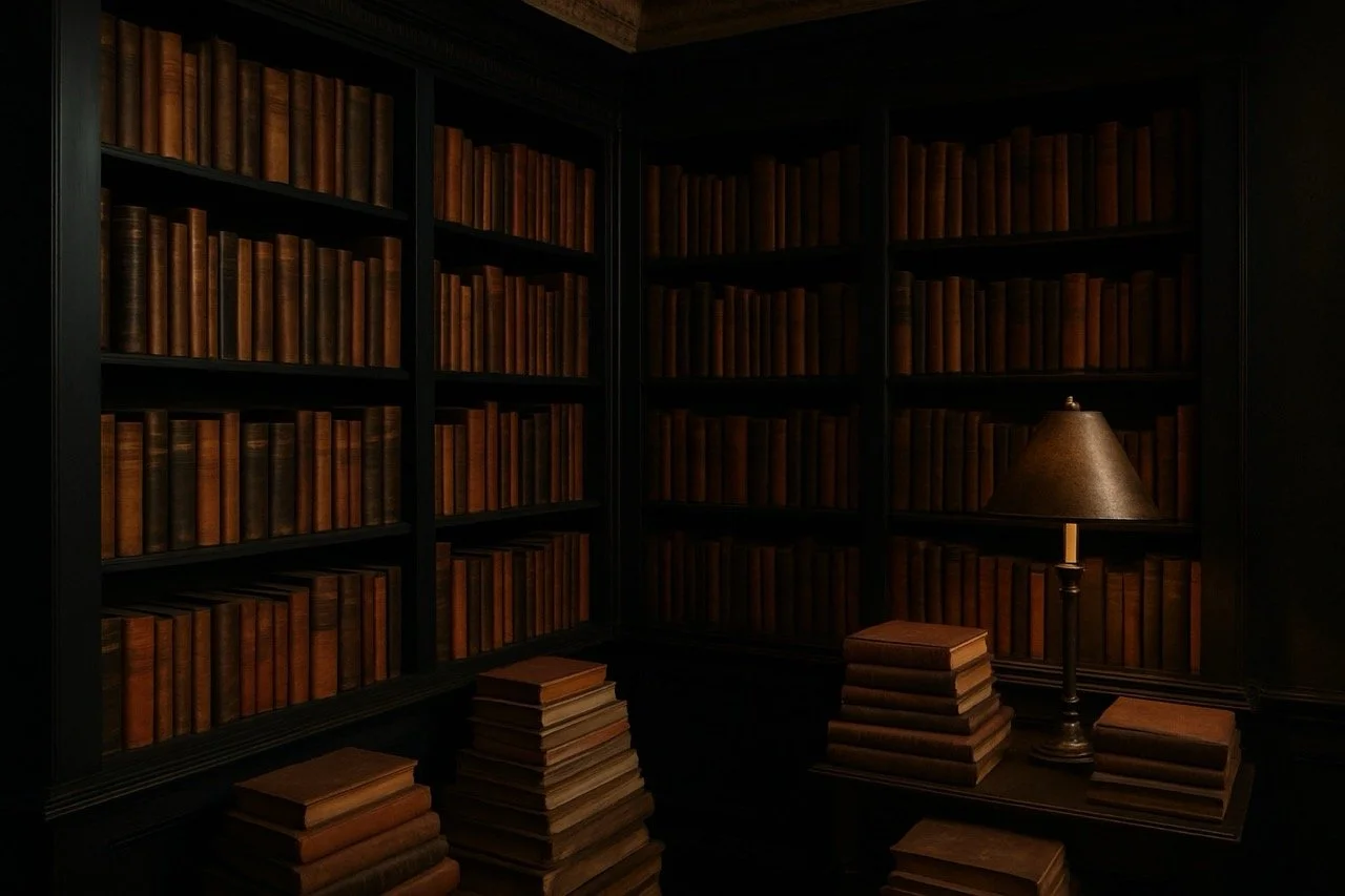 Dark library room with tall black bookshelves filled with old brown leather-bound books, several stacks of books on the floor, and a table lamp providing warm lighting.