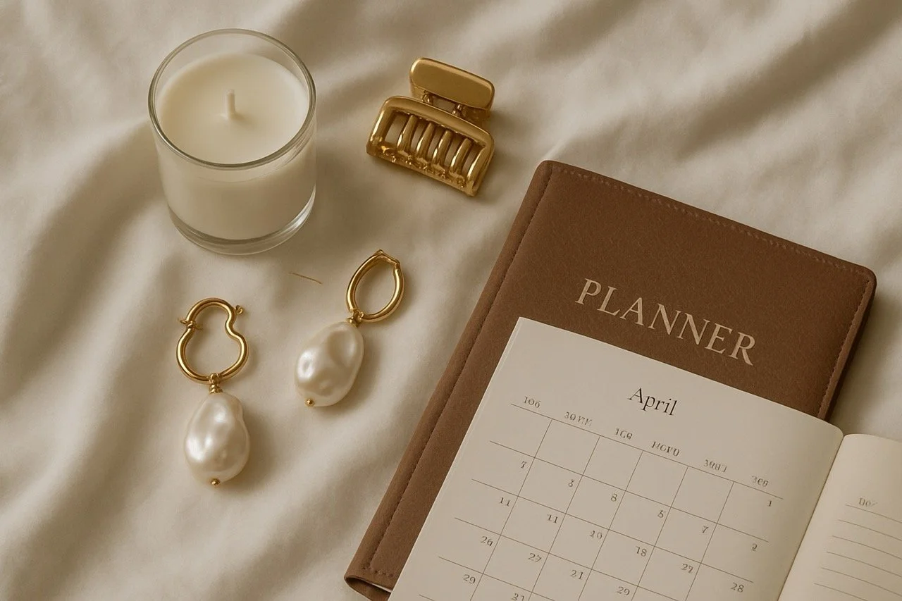 A flat lay of a planner opened to April, a white candle in a glass holder, a gold hair clip, and a pair of gold earrings with large pearl drops on a white fabric background.