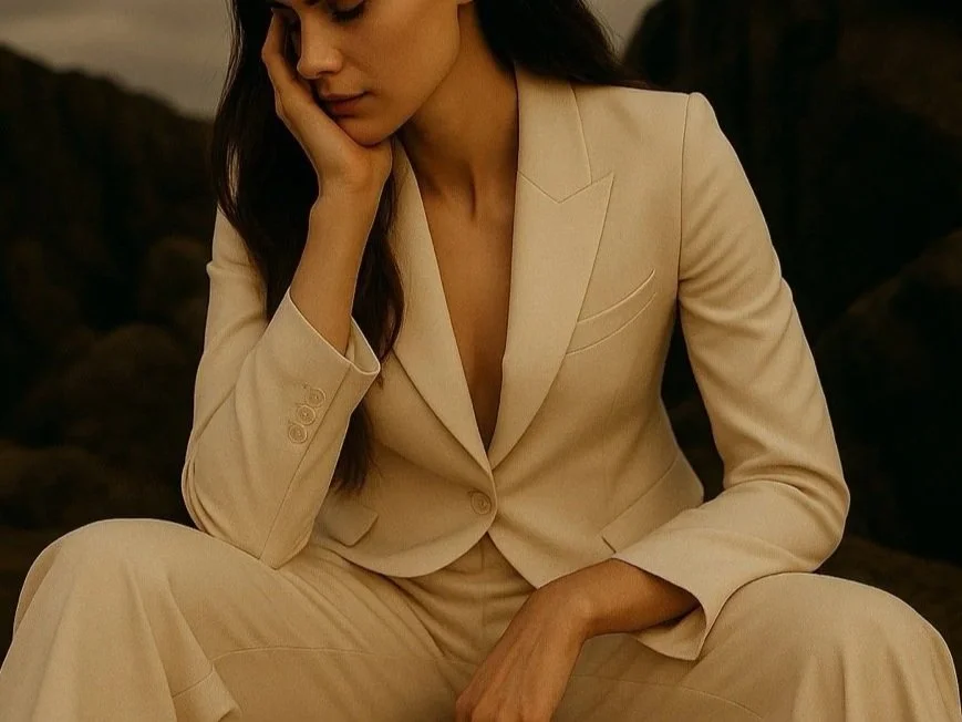 Woman in a beige suit sitting with one hand on her face and her head tilted downward.