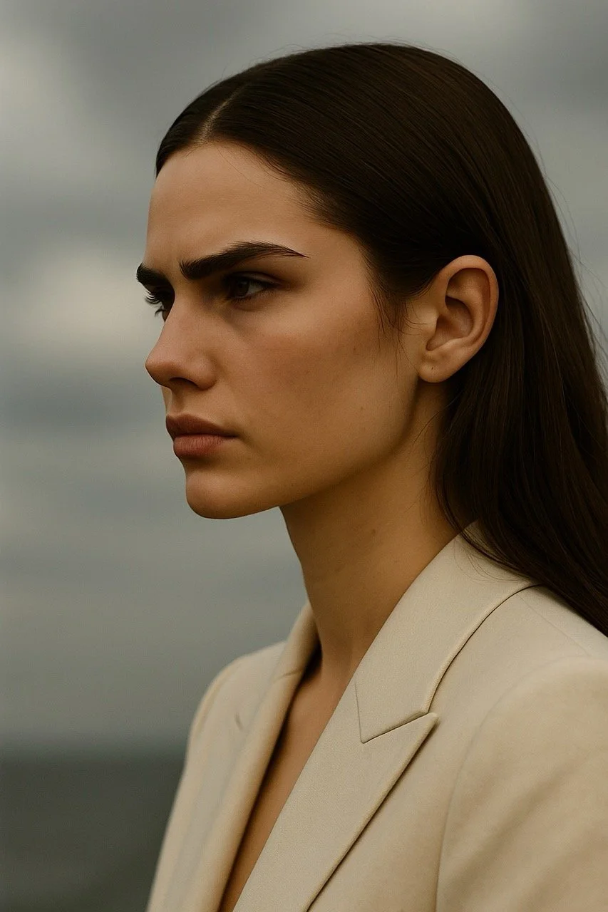 Side profile of a woman with dark brown hair and sharp features, wearing a beige blazer, outdoors with cloudy sky in background.