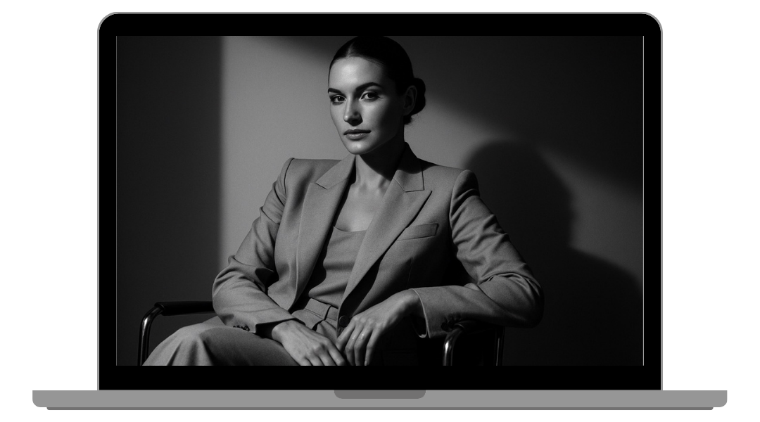 A woman in business attire sitting on a chair in front of a plain wall, lit from the side, creating shadows.