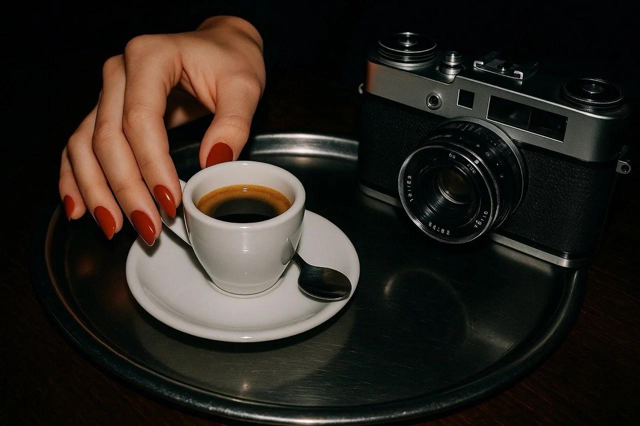 A hand with red nails reaching for a cup of coffee on a saucer with a spoon, next to a vintage camera on a black tray.
