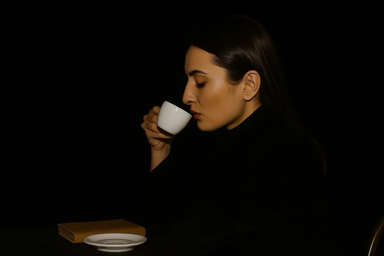Woman with dark hair and closed eyes drinking from a white cup, sitting at a table with a leather notebook and a white plate