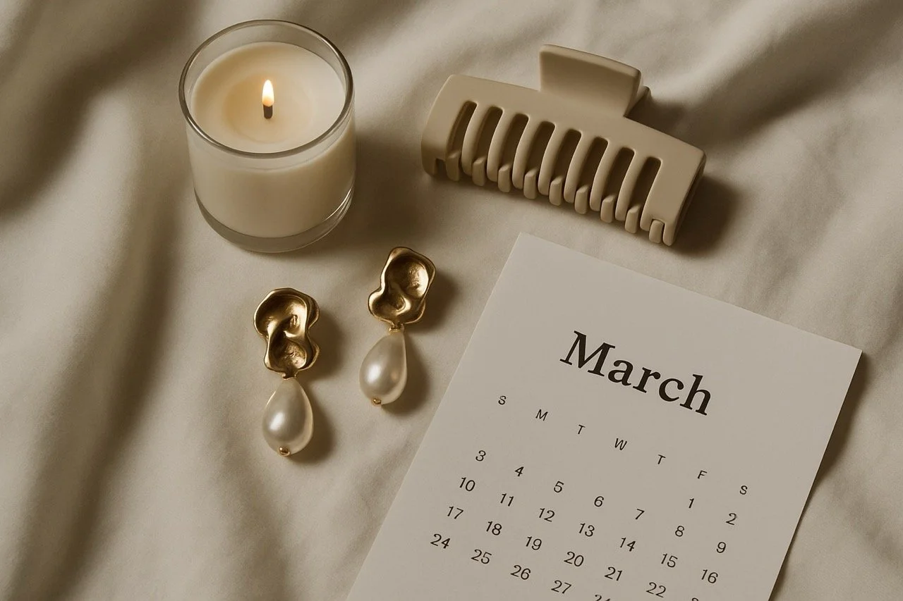 A lit candle in a glass holder, a beige hair clip, a pair of gold and pearl earrings, and a March calendar on a white surface.