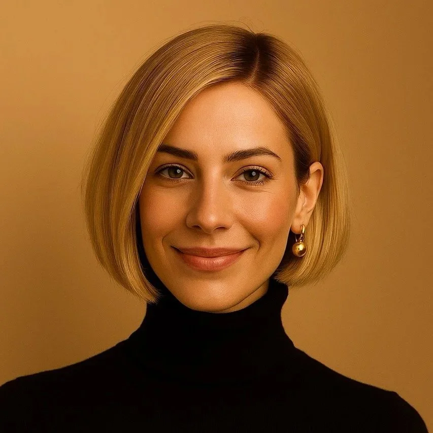 A woman with blonde hair styled in a bob, wearing a black turtleneck and gold earrings, smiling against a warm beige background.