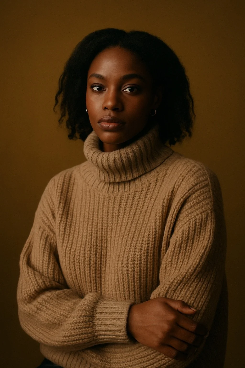 Portrait of a Black woman with natural hair wearing a beige turtleneck sweater against a dark brown background.