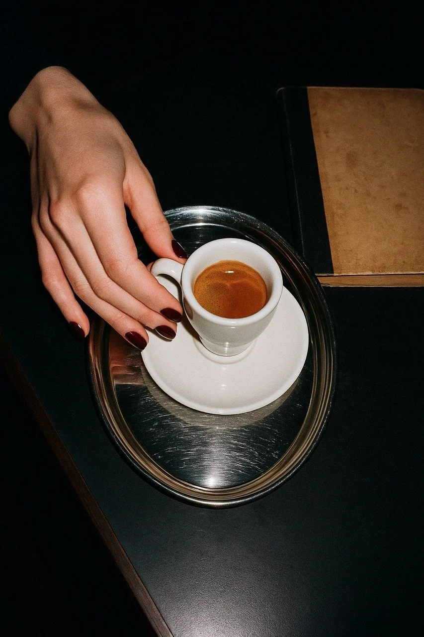 A person's hand with dark red nail polish reaching for a small white cup of espresso on a white saucer placed on a silver tray, on a dark table with a closed book nearby.