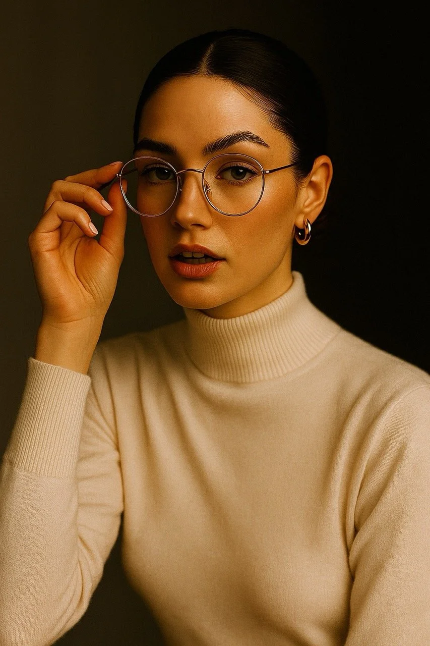 A woman with dark hair in a sleek hairstyle, wearing round eyeglasses and a beige turtleneck sweater, poses against a dark background.