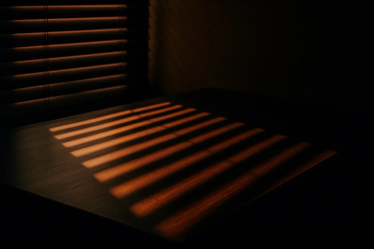 Sunlight passing through window blinds, creating parallel striped shadow patterns on a wooden surface in a dark room.