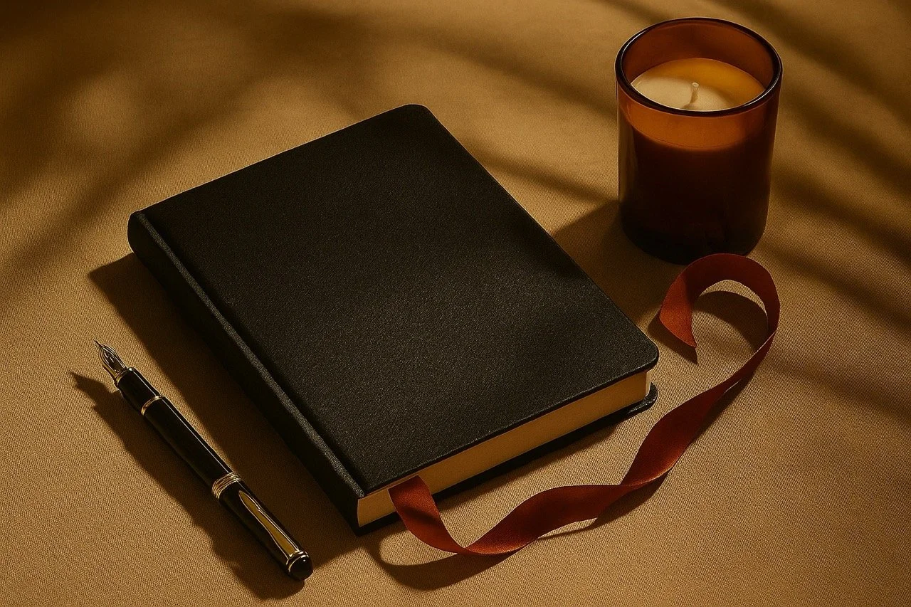 A black hardcover notebook with a red ribbon bookmark, a black fountain pen, and a lit candle in a brown glass holder on a beige fabric surface.
