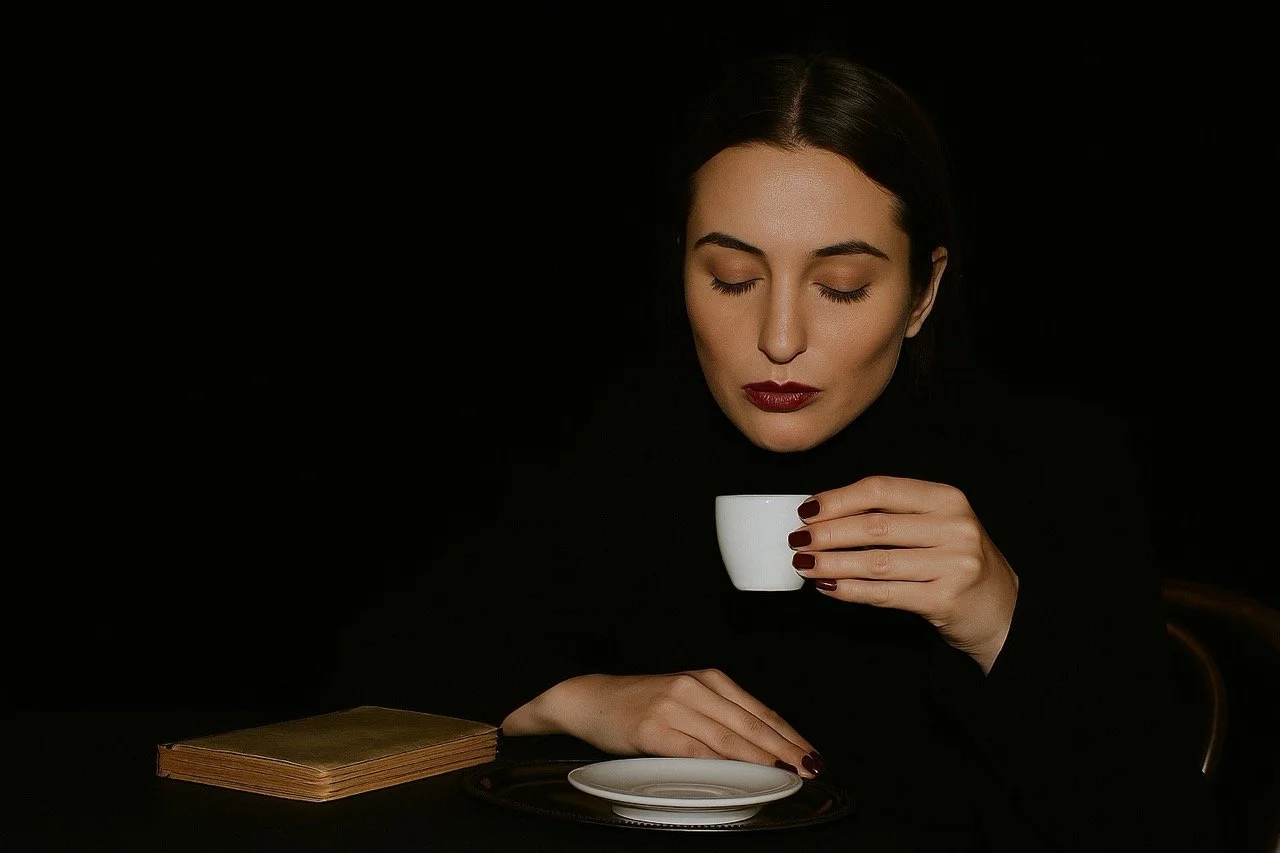 Woman with dark hair and red lipstick drinking from a cup in a dark setting