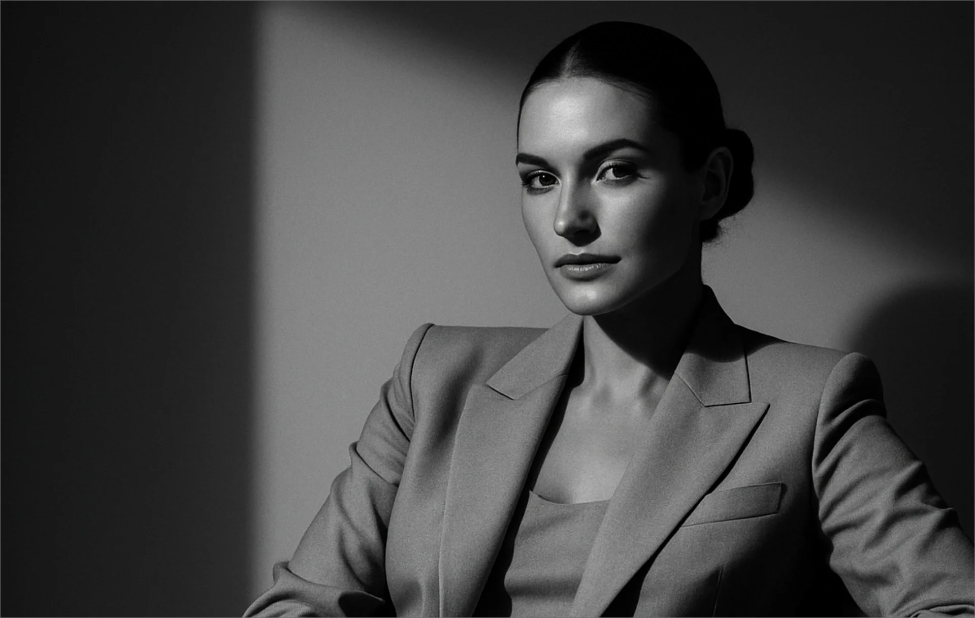 Black and white portrait of a woman with a serious expression, wearing a blazer, sitting against a plain background with shadows.