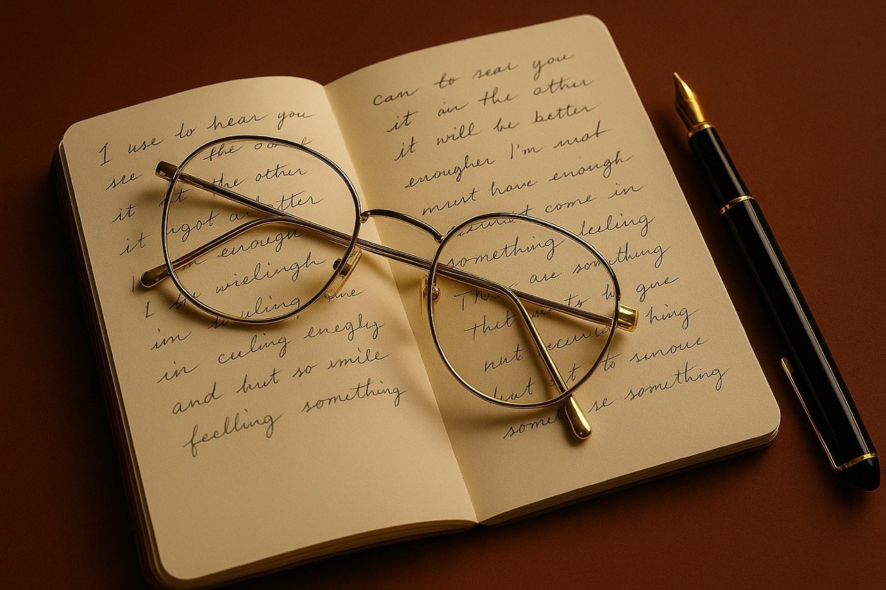 Open notebook with handwritten text, round eyeglasses resting on it, and a black pen on the right side, on a brown surface.