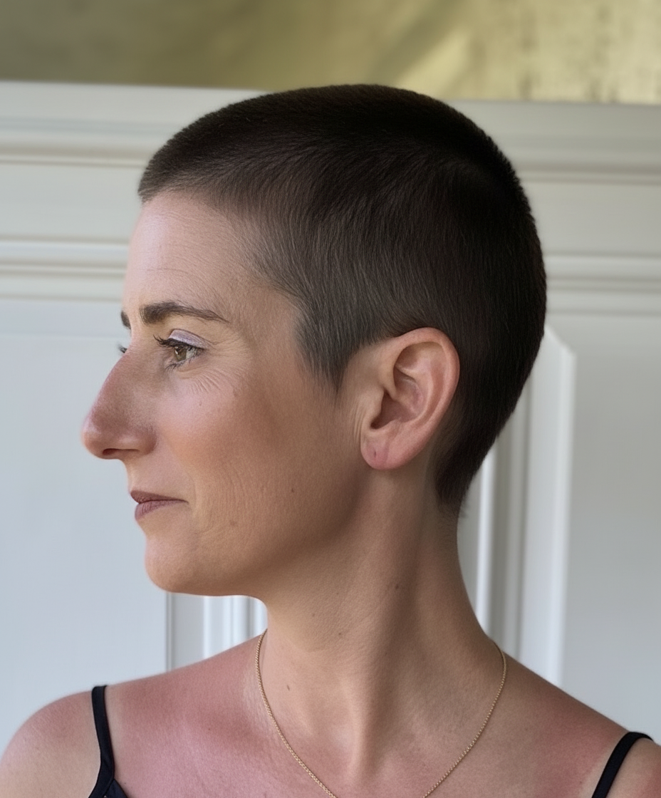 Portrait of a woman with a short, dark haircut, wearing a black spaghetti strap top and a gold necklace, standing indoors with a light-colored wall in the background.