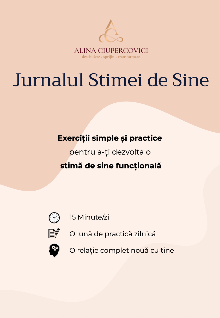 Cover of a journal titled 'Jurnalul Stimei de Sine' with the subtitle 'Exerciții simple și practice pentru a-ți dezvolta o stimă de sine funcțională'. The cover features the logo and name of Alina Ciupercovici, with a soft pink and cream abstract background. Icons indicating 15 minutes per day, one month of daily practice, and a new relationship with oneself.