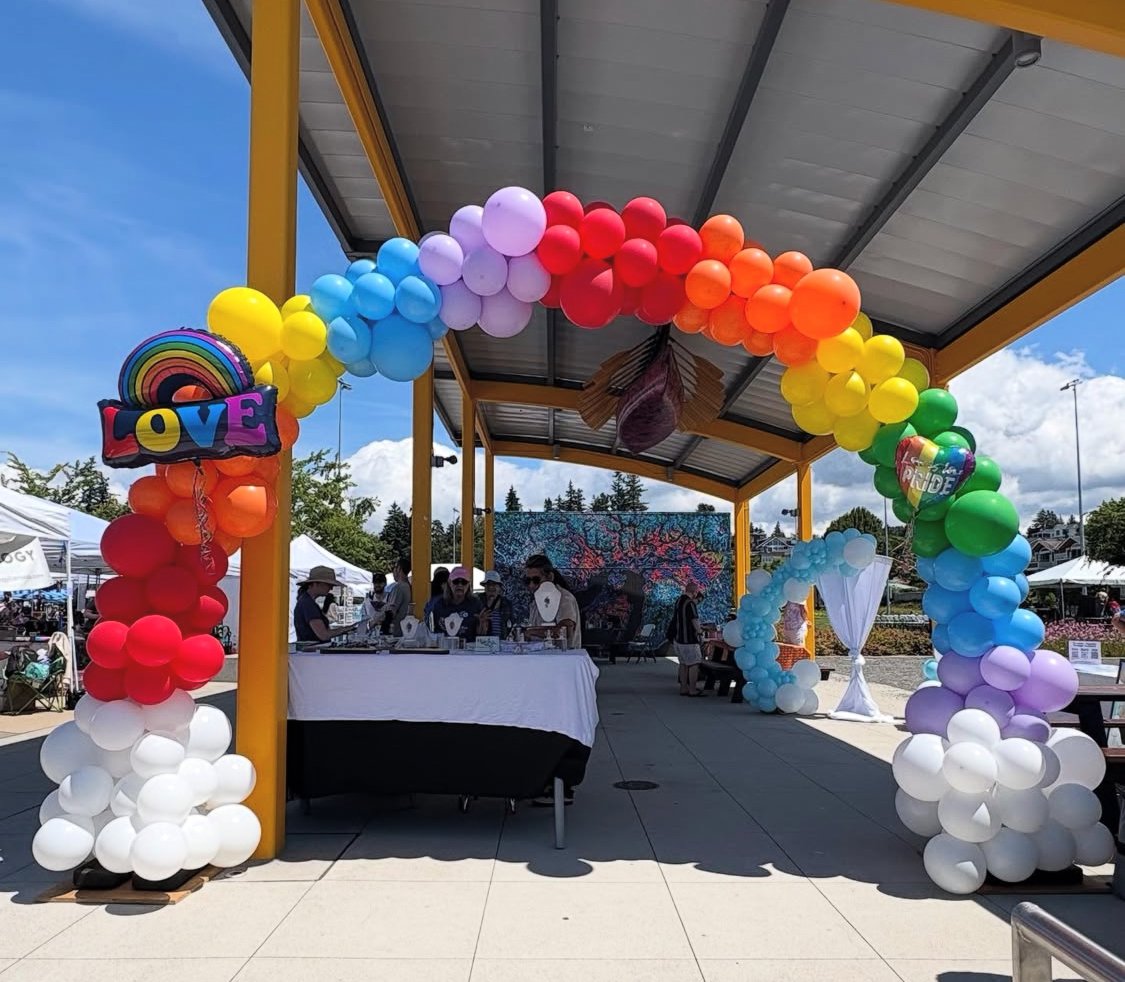 An arch made out of baloons in the colors of the rainbow is front and cetner. Past the rainbow arch to the left there is a market table with jewelry. To the right of the photo past the rainbow arch is a smaller blue and white balloon display.