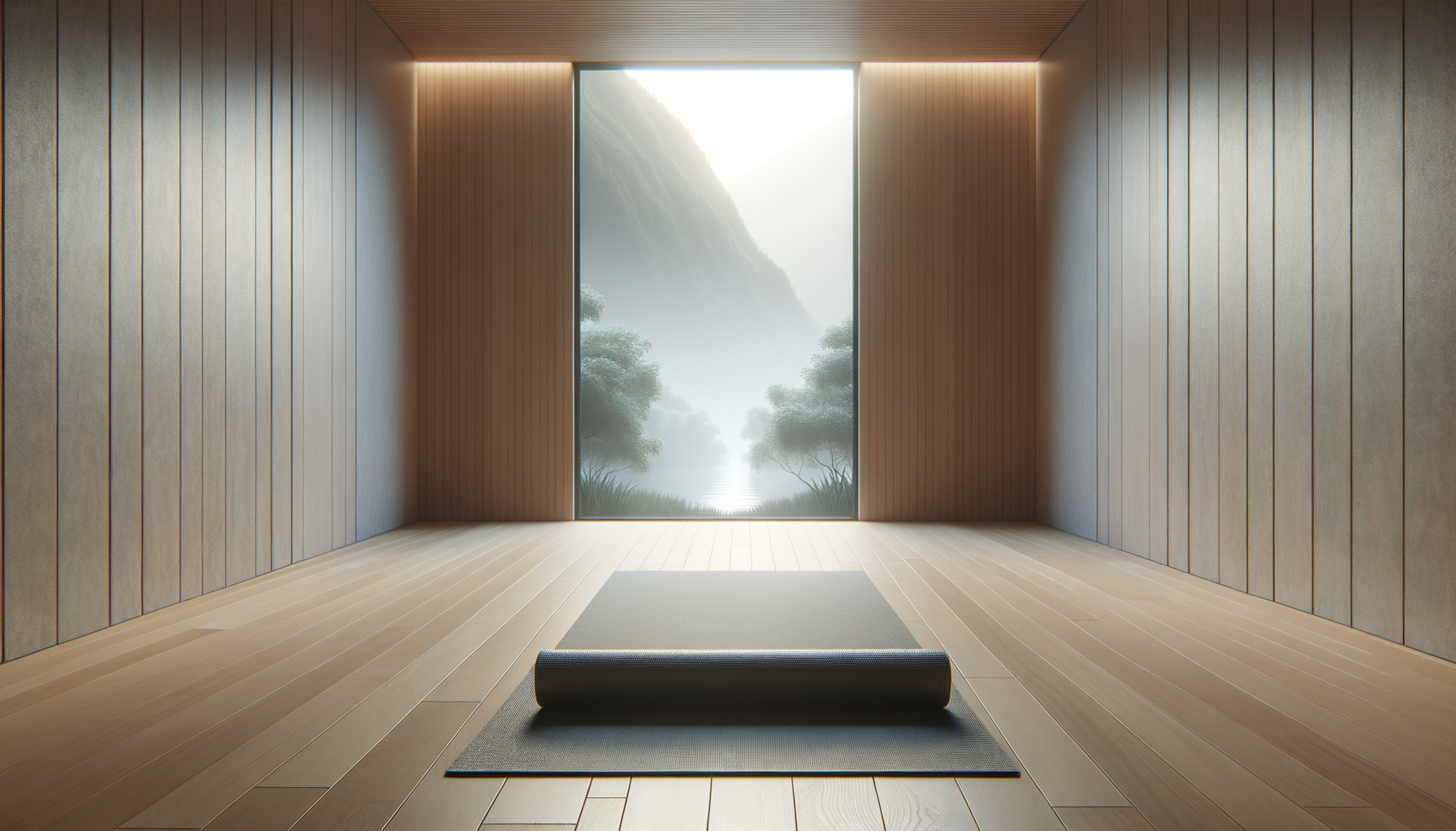 A minimalist yoga or meditation room with light wood floors, wooden paneled walls, a yoga mat, and a large window showing a serene misty landscape with trees and mountains.
