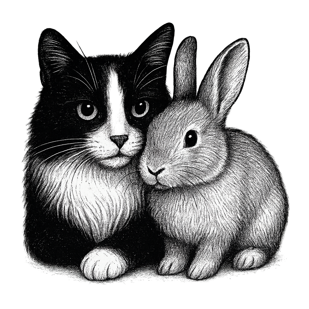 A detailed black and white illustration of a cat and a rabbit sitting closely together, with the cat on the left and the rabbit on the right, both facing forward.