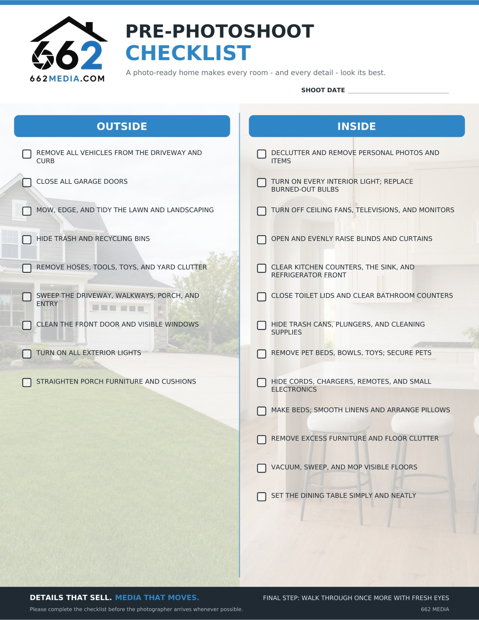 Pre-photoshoot checklist for interior and exterior home preparations, including tasks like removing vehicles, closing garage doors, tidying lawn and landscaping, hiding trash bins and yard clutter, sweeping driveway and walkways, cleaning front door and windows, turning on exterior lights, and setting the dining table.