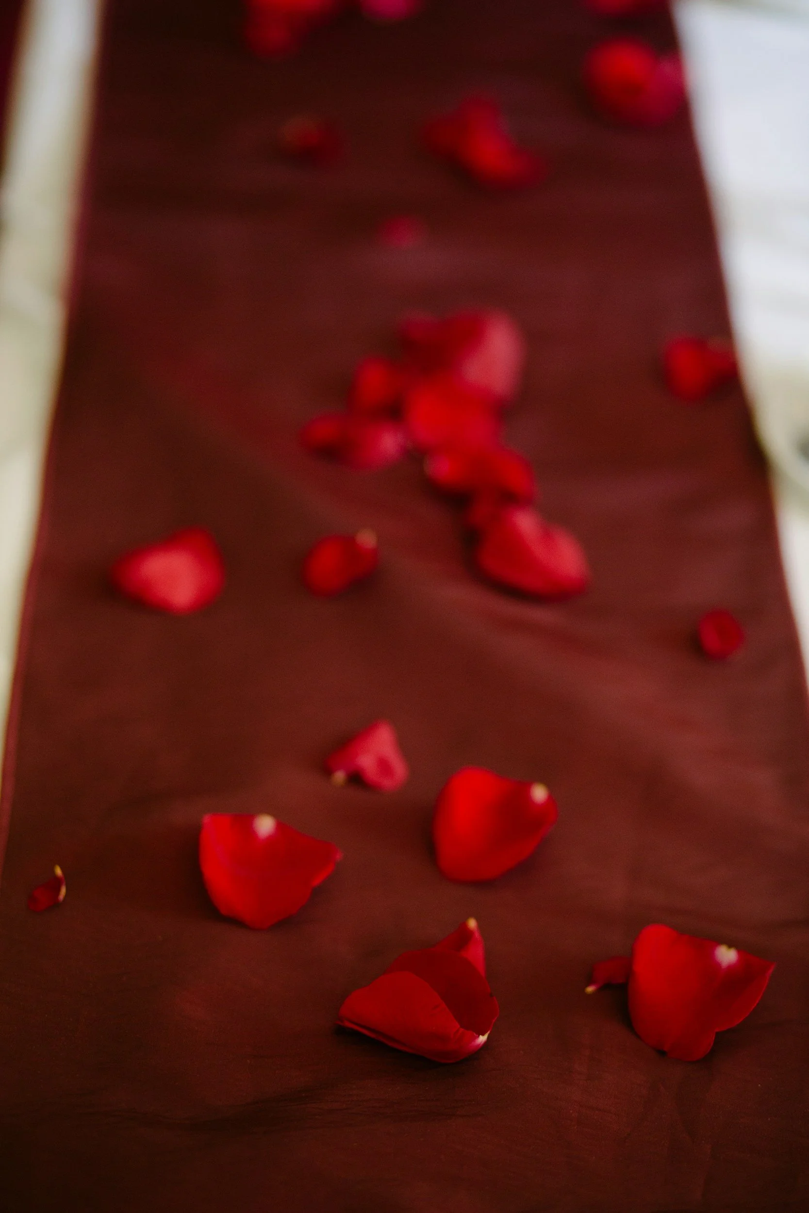 Close-up of red rose petals used in Whispers of Yes luxury proposal styling, arranged on a candlelit aisle design