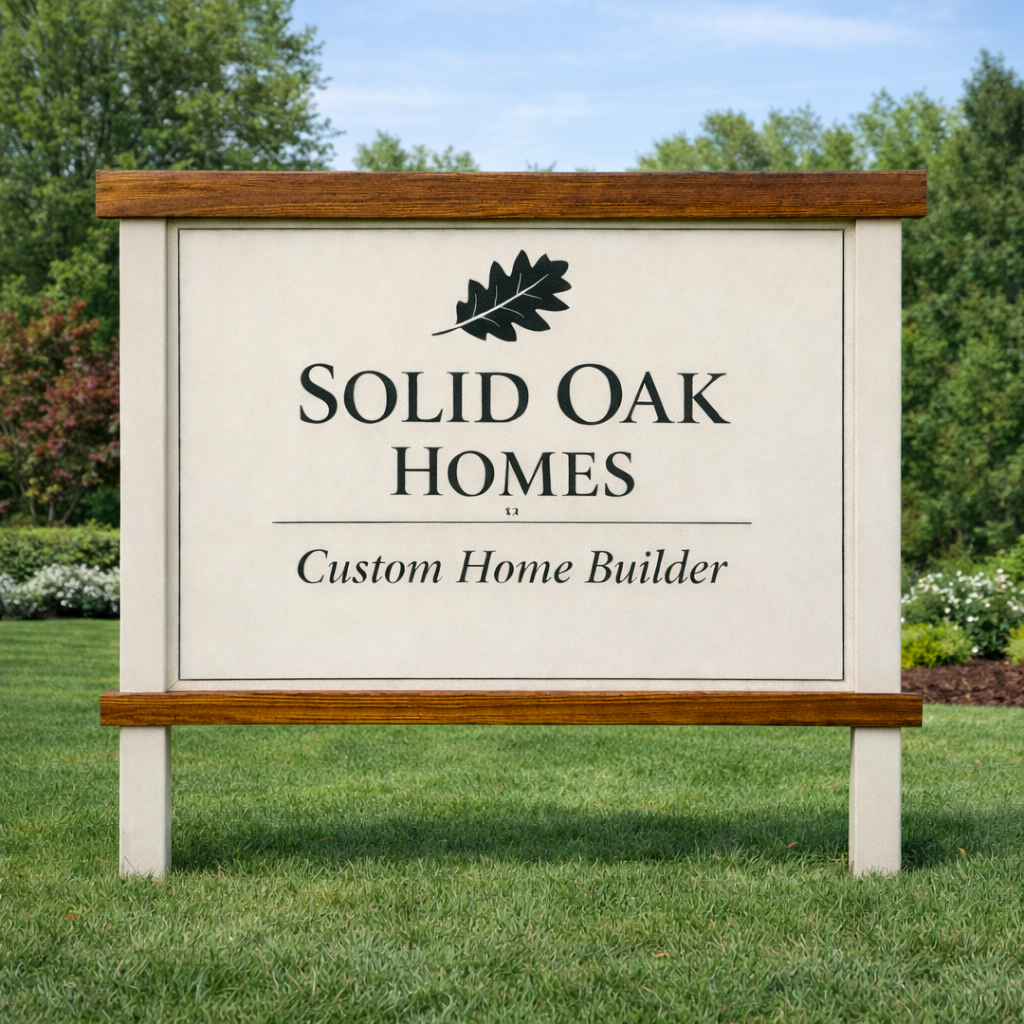 Sign for Solid Oak Homes, a custom home builder, set on a grassy area with trees and bushes in the background.