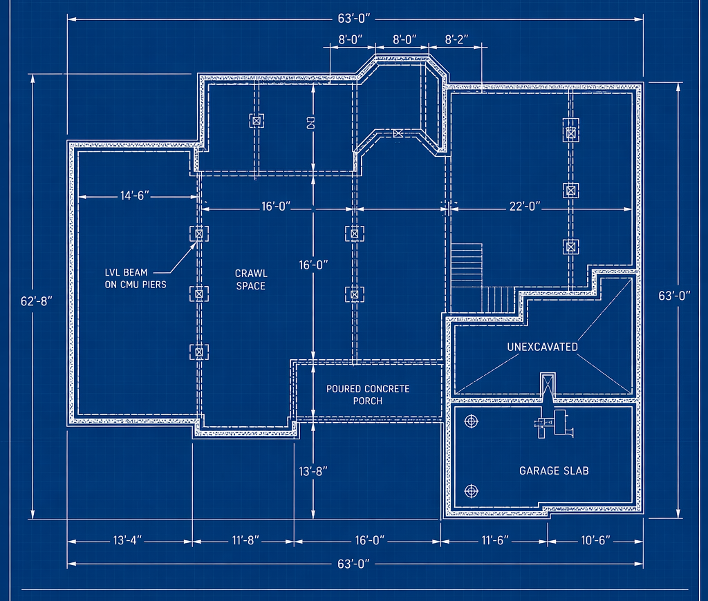 Blueprint of a house floor plan showing dimensions, crawl space, poured concrete porch, unexcavated area, and garage slab, with various measurements in feet and inches.