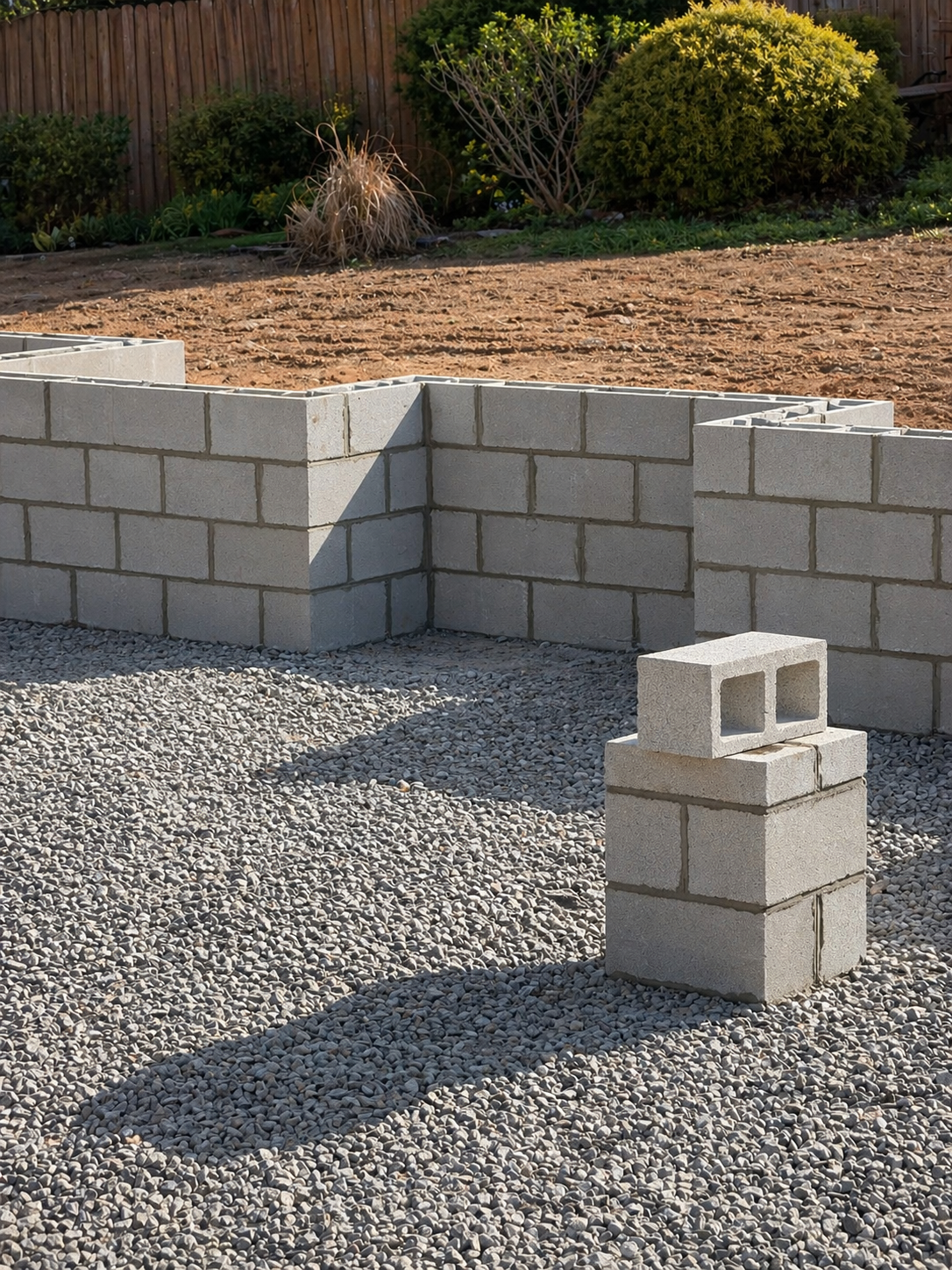 Construction site with a partially built cinder block wall, a stack of cinder blocks, gravel ground, and a background of plants and a wooden fence.