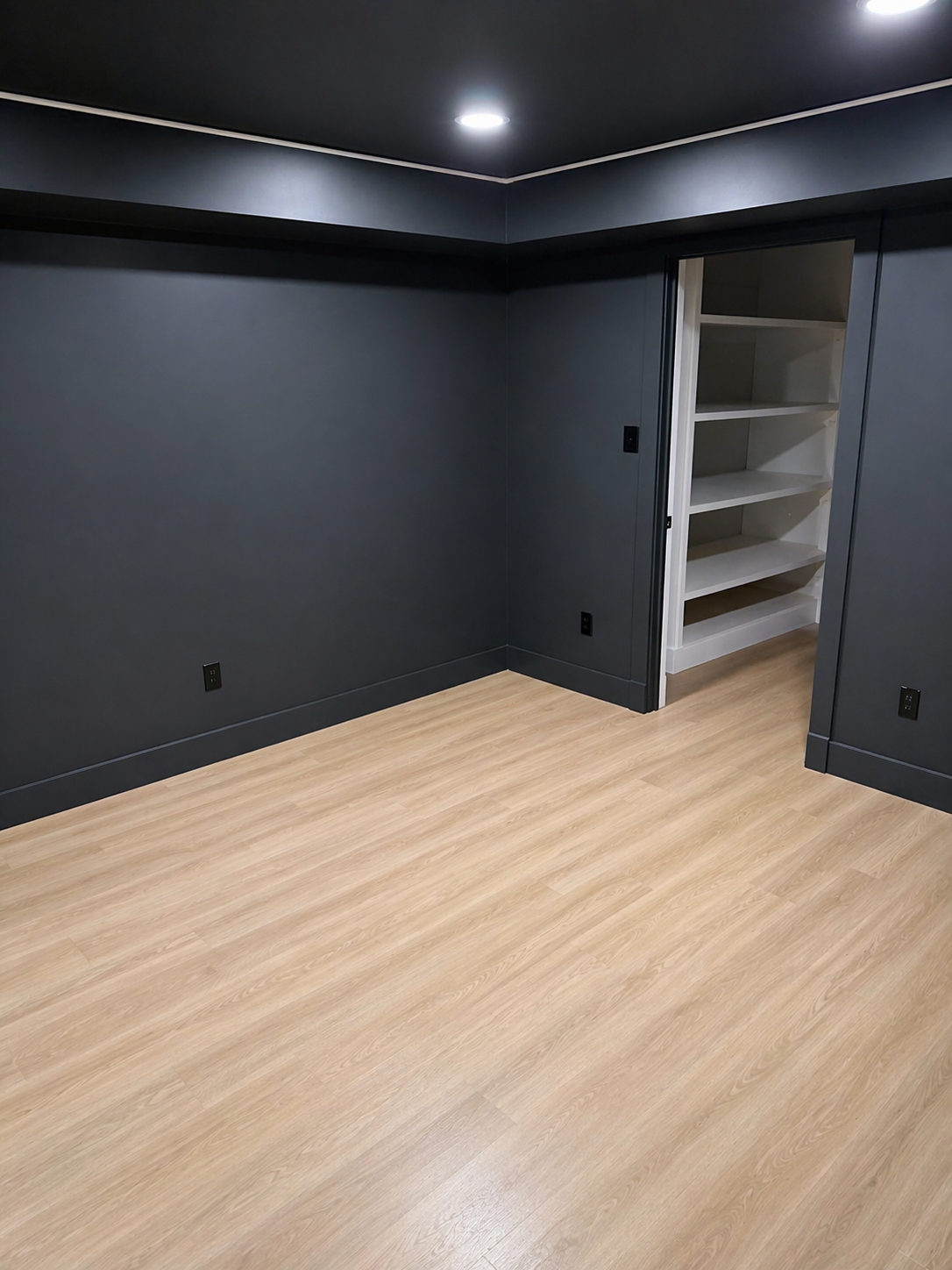Empty room with dark gray walls, wood flooring, and an open sliding door revealing white built-in shelves.