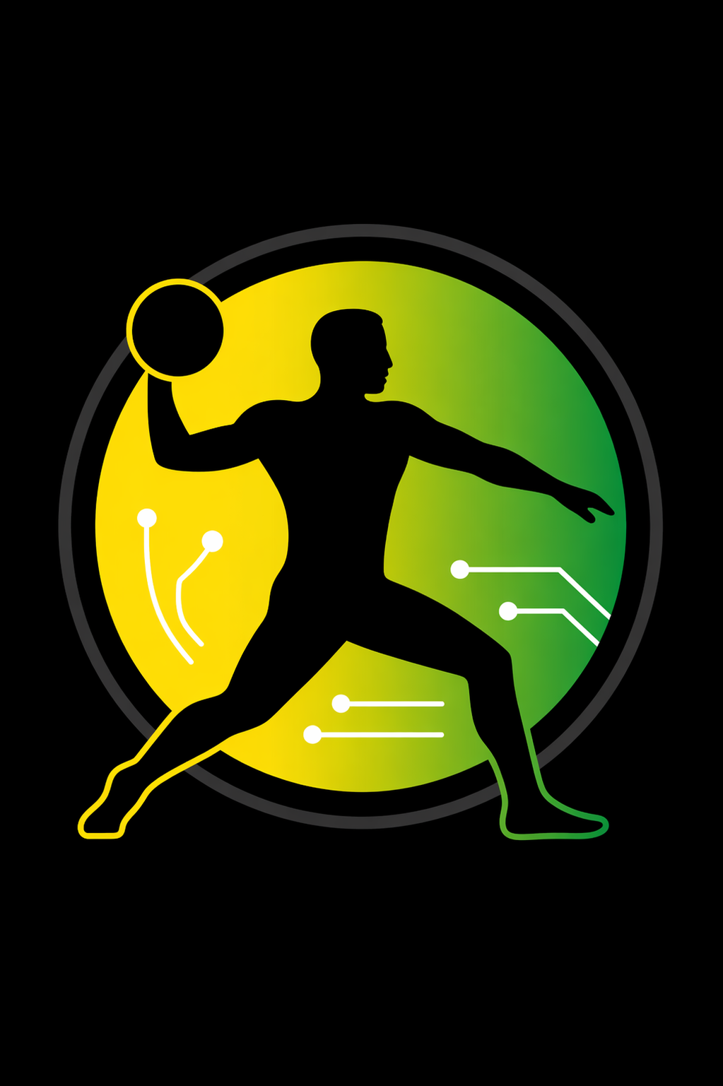 Silhouette of a male athlete in a dynamic pose, holding a spherical object in his right hand, against a colorful circular background with green and yellow gradient. The background features abstract lines and dots resembling digital or technological elements.