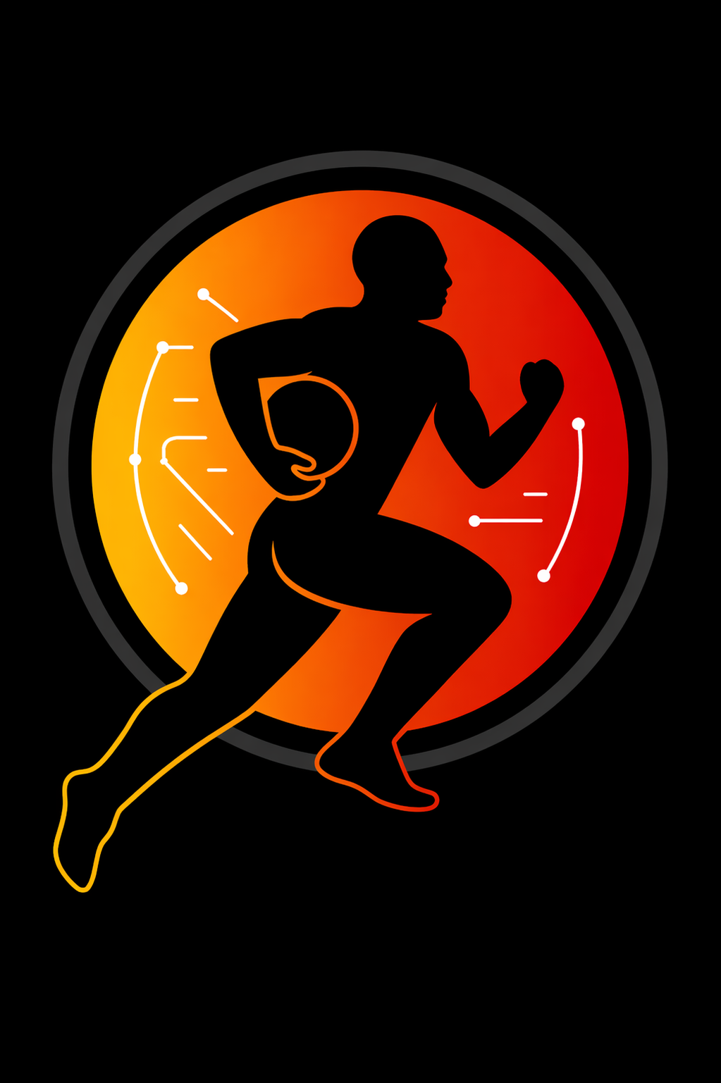 Silhouette of a person running, holding their side, with a red and orange gradient background and abstract white technical lines and dots