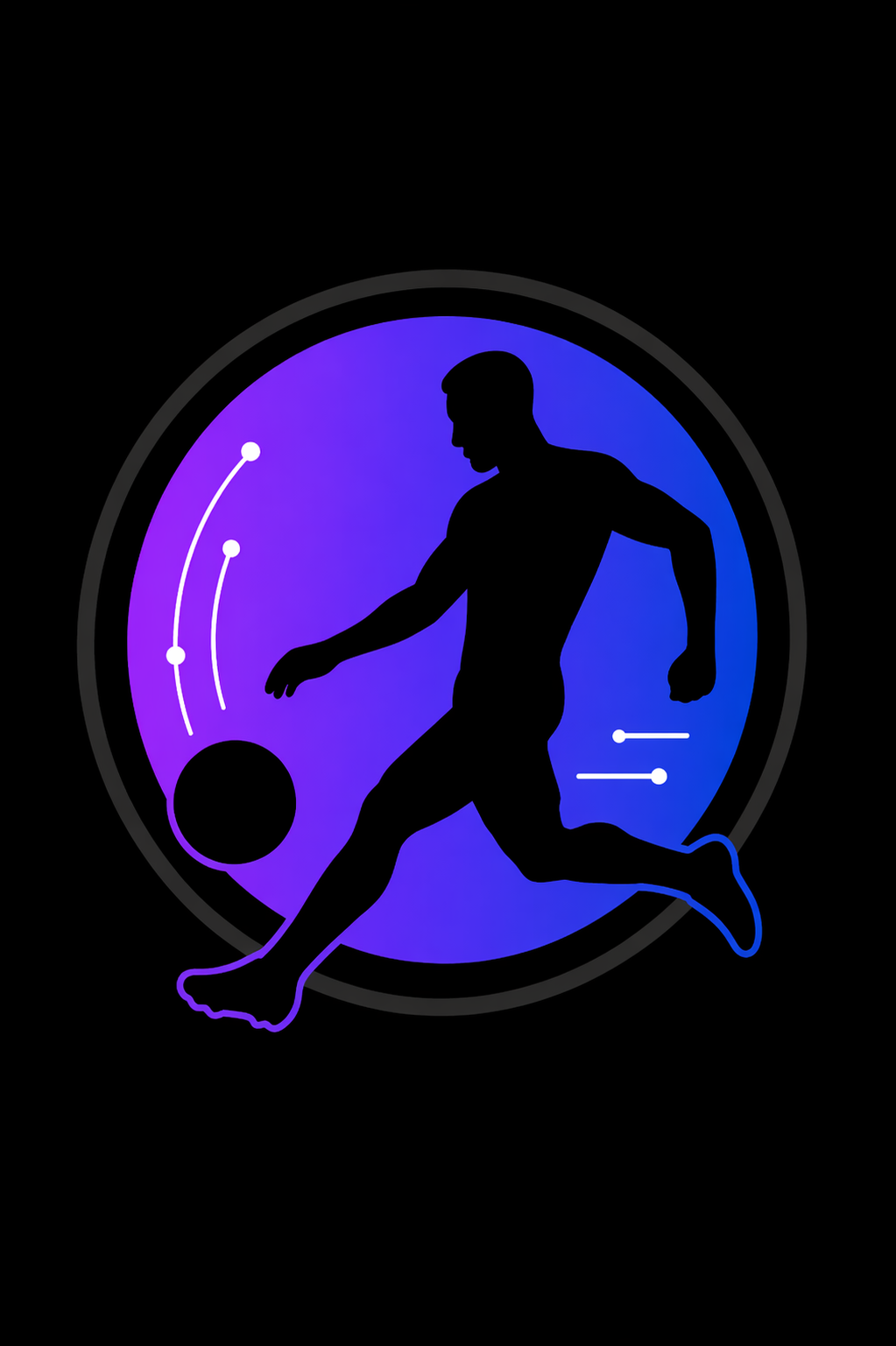 Silhouette of a man kicking a soccer ball against a circular, gradient background with abstract elements.