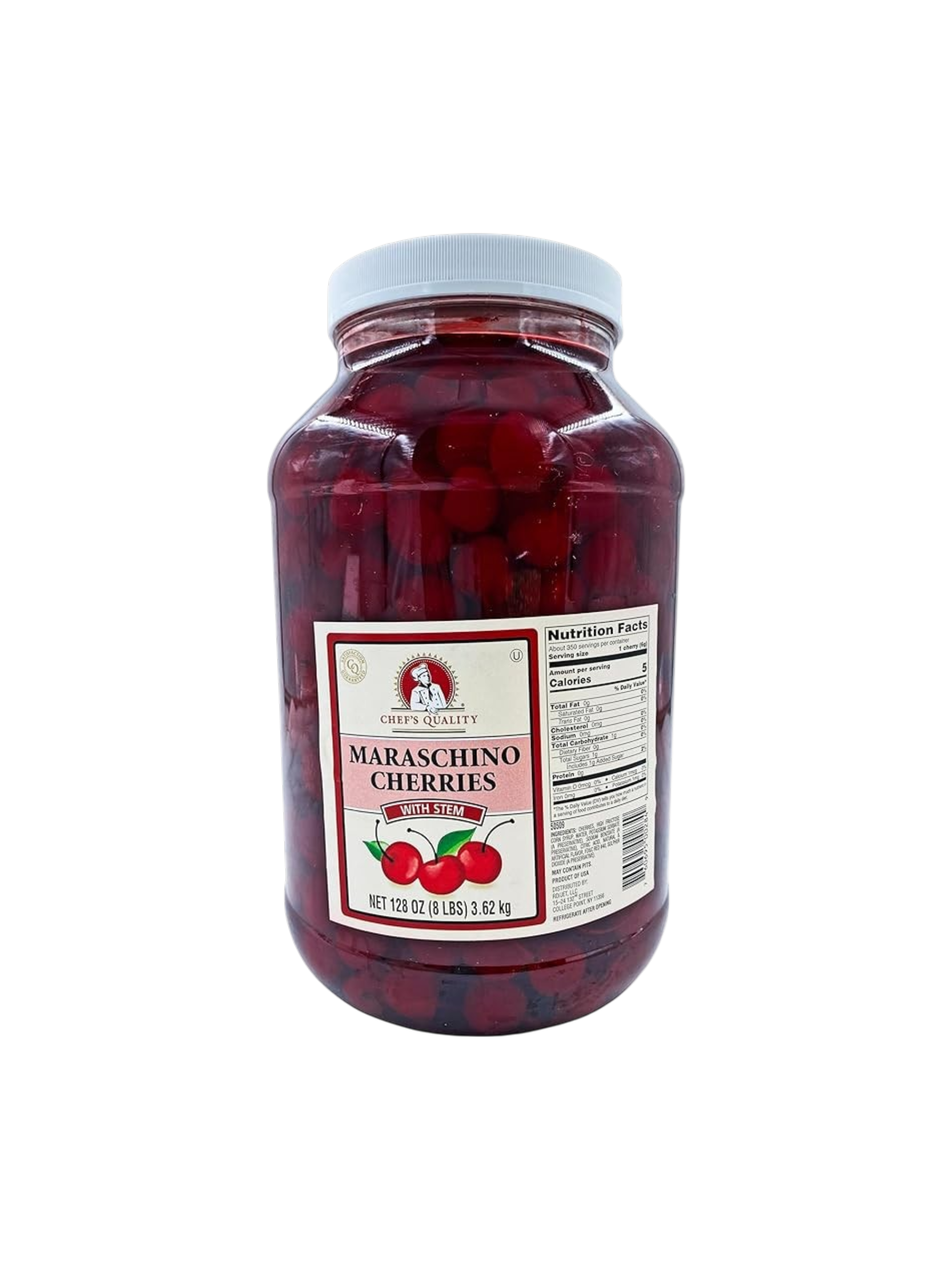 Cherries, Standard Red Maraschino Bar Cherries with Stem, 1 gallon jar