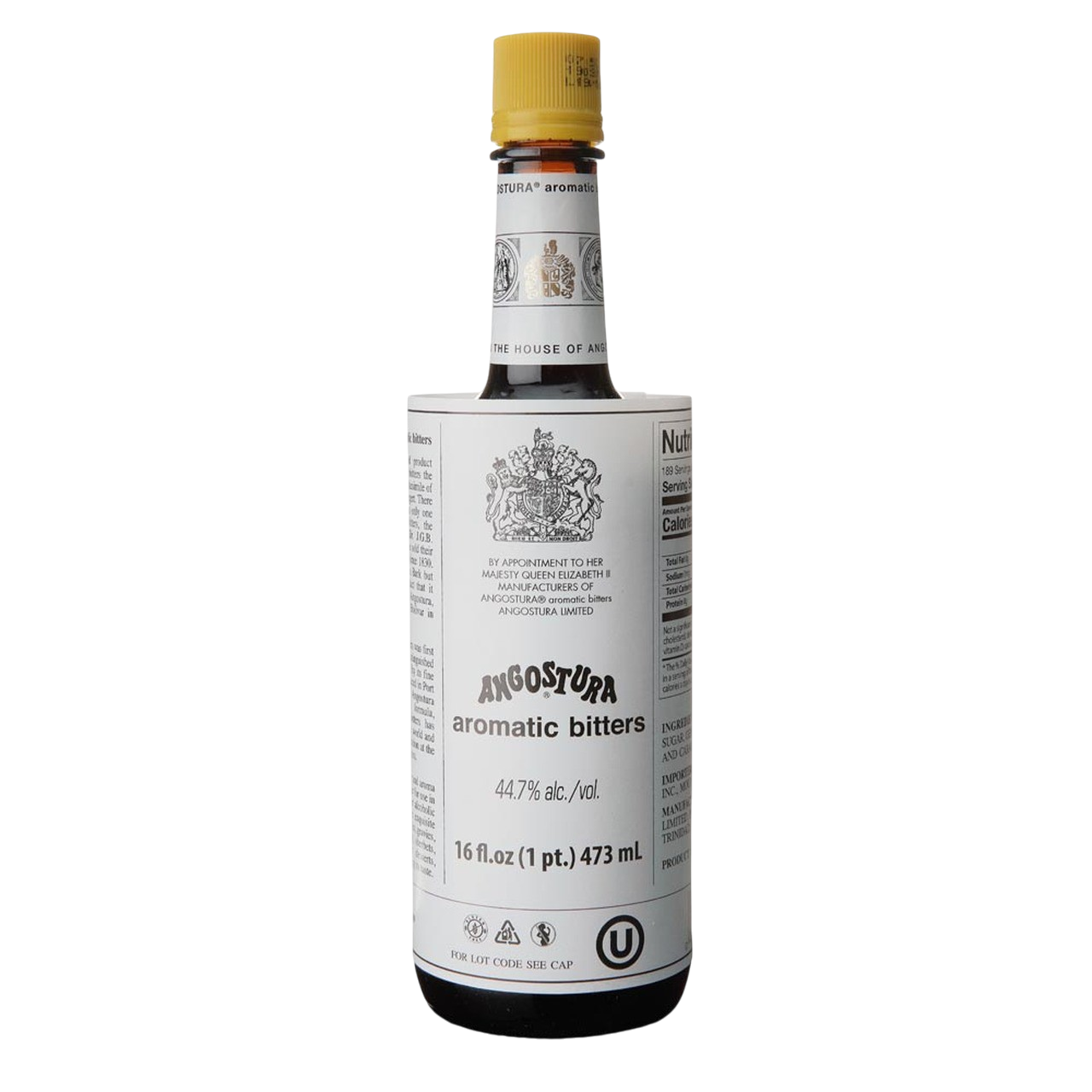 Bottle of Angostura aromatic bitters with a white label, black text, and a gold cap, set against a plain background.