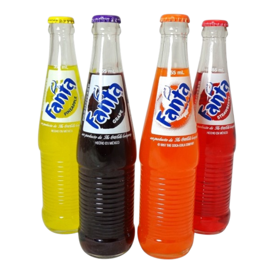 Soda, Mexican Fanta Variety Pack, naranja, uva, fresa, piña, 24 glass bottles, 6 of each, 62.50