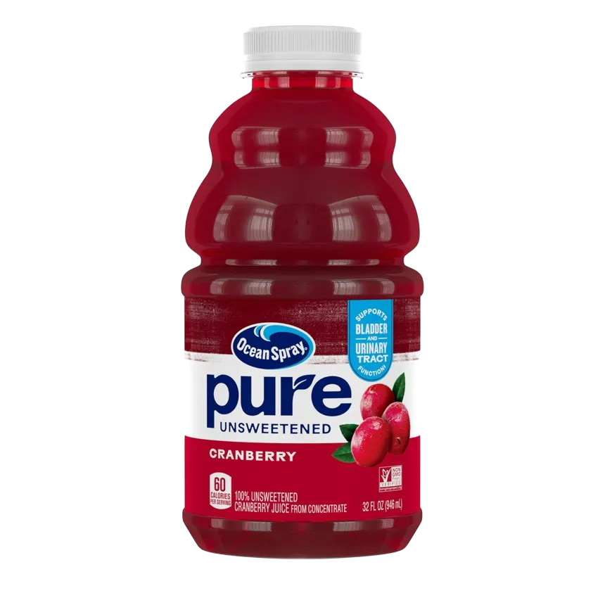 Juice, Ocean Spray "Pure" Cranberry Juice. 100% pure cranberry juice. No sugar added. Nothing added. Tart. You're the bartender. You control sweetness 8x32oz. USA. 
