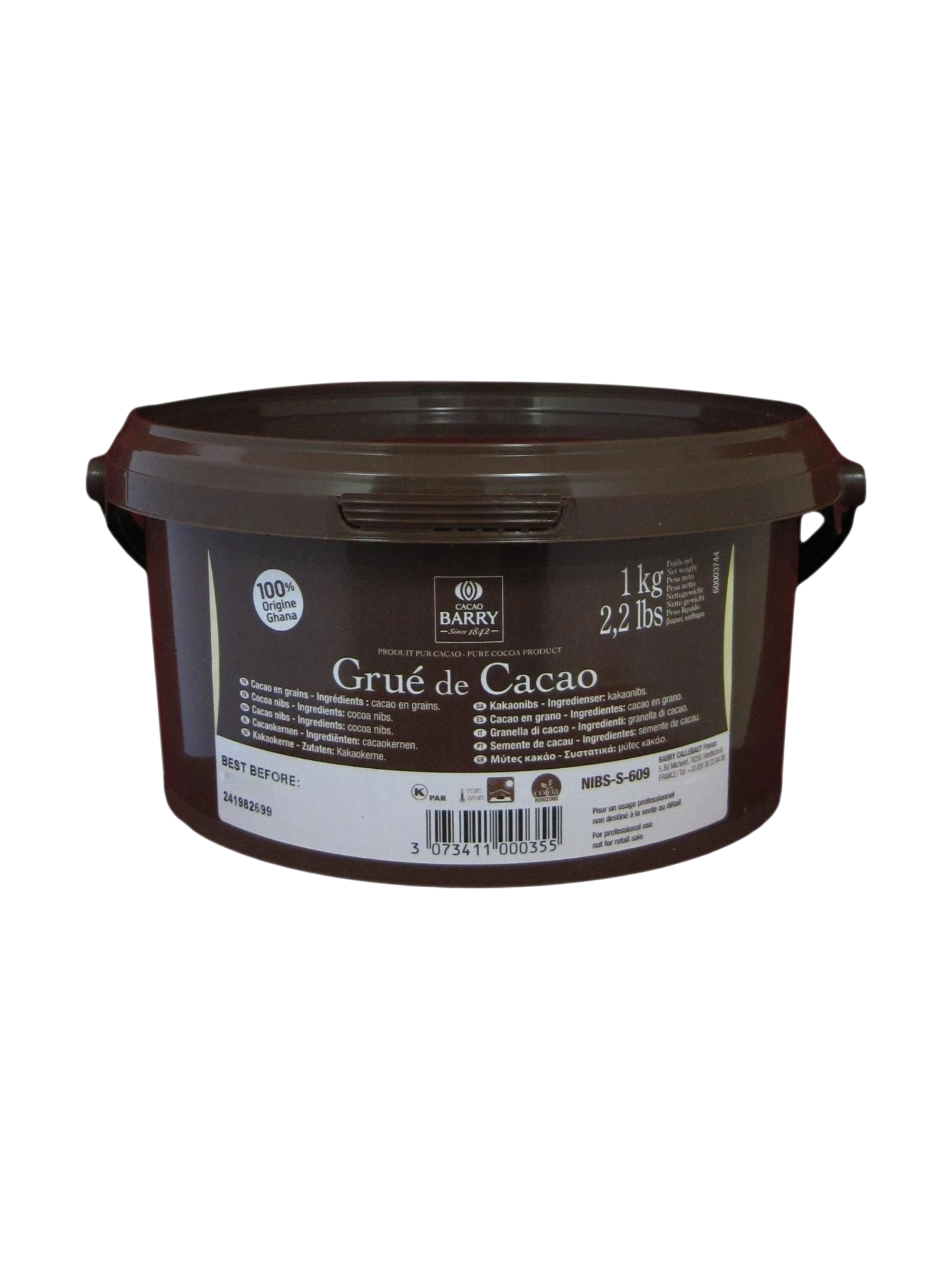 Chocolate, Cocoa Nibs, Roasted, Cacao Barry "Grue de Cacao" France, 1kg pail, [ Raw Organic 1lb pouch also available ]