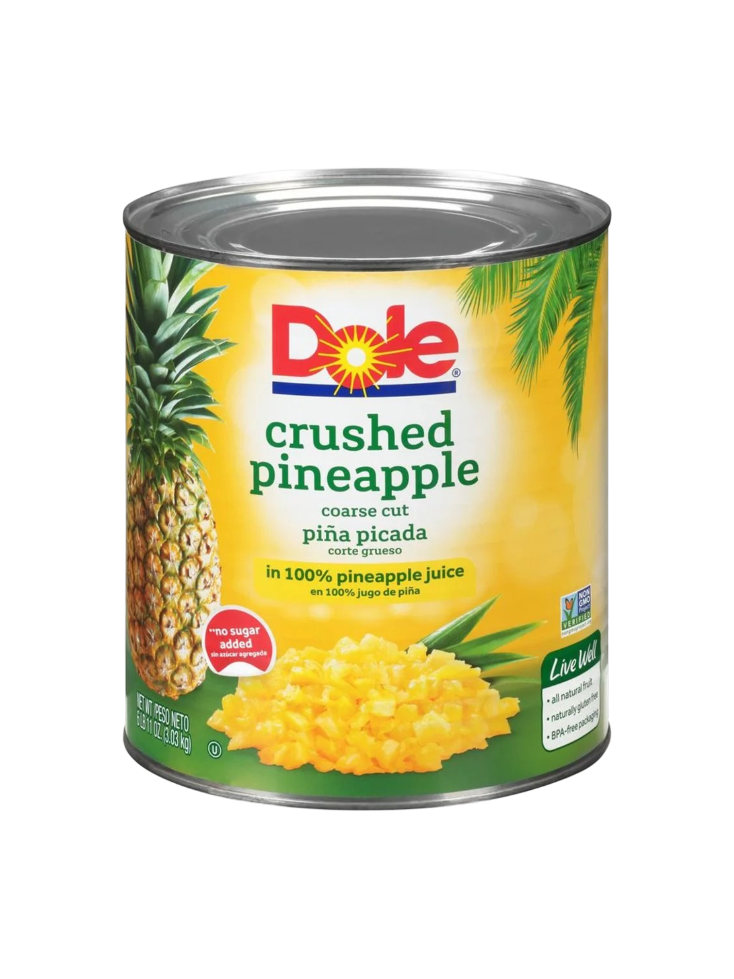 Fruit, Dole Crushed Pineapple in Pineapple Juice, piña picada, #10 can