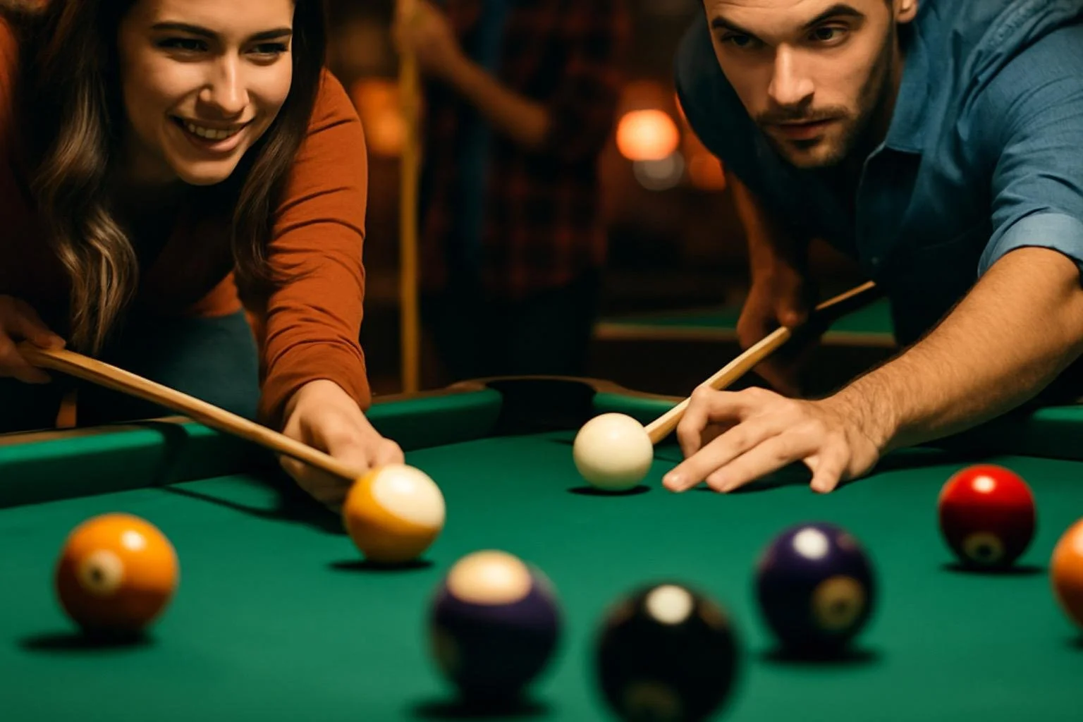 Zwei Menschen spielen Billard auf einem grünen Billardtisch in einer Bar bei schwachem Licht.