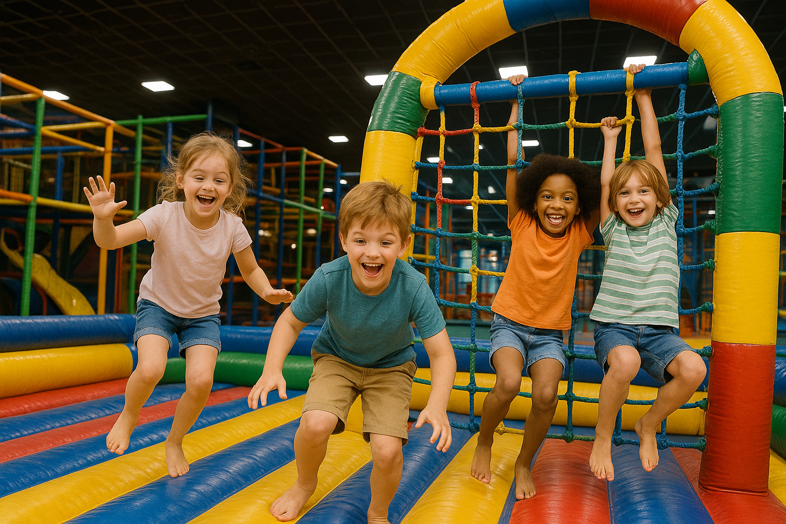 Vier Kinder spielen auf einer bunten Hüpfburg im Indoor-Spielplatz, lachen und haben Spaß.