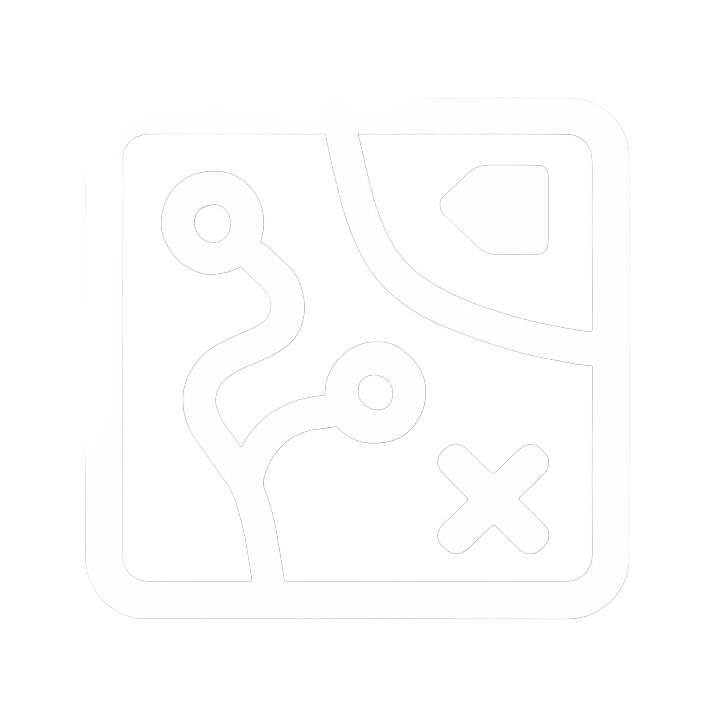 Symbol eines Spielplans mit einem weißen X, einem weißen Kreis und einer weißen Linie, die zwei Kreise verbindet.