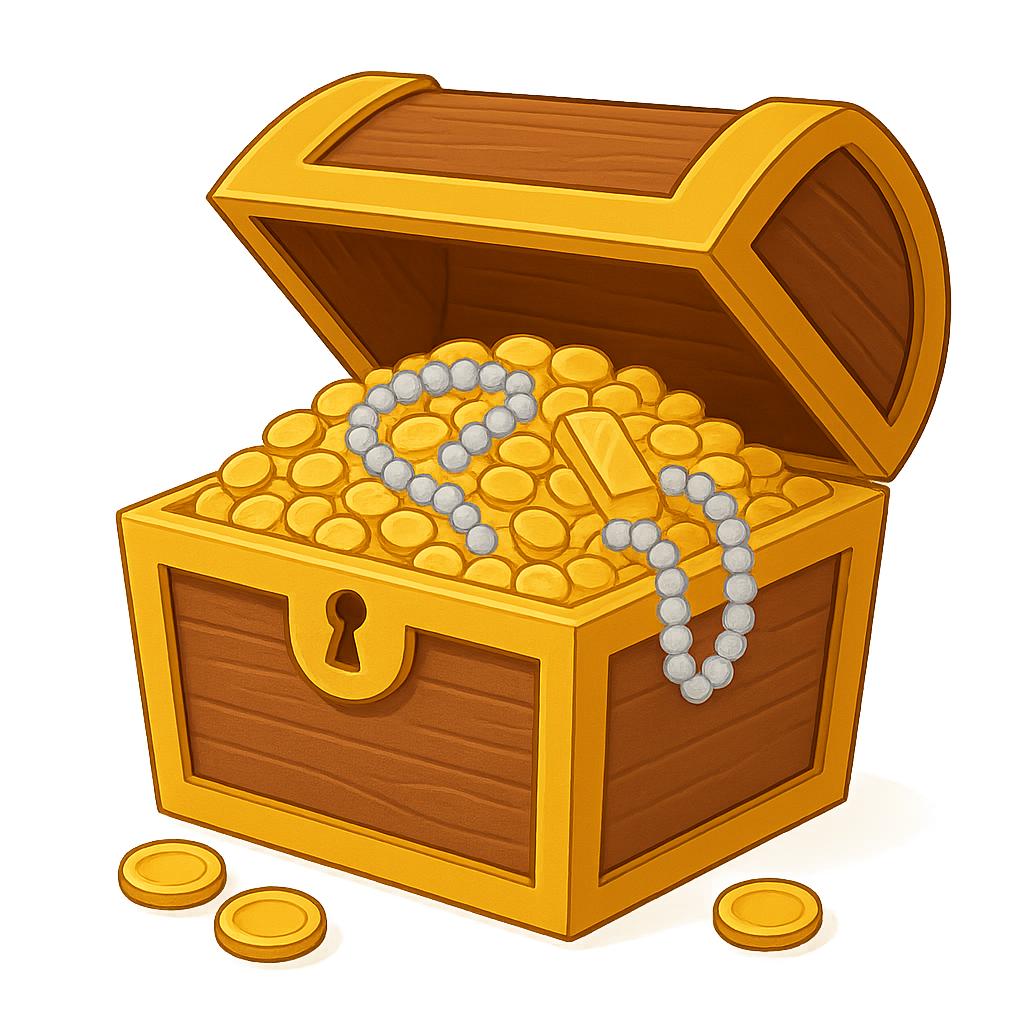 Ein offener Schatzkasten mit Goldmünzen, einer Perlenkette und einem goldfarbenen Schmuckstück, umgeben von einigen Goldmünzen.